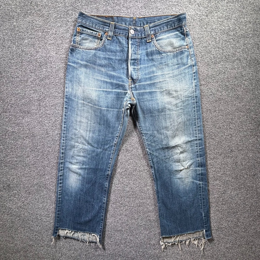 Levi's 501 Jeans Men 34x36 Blue Denim Light Wash Frayed Hem Straight Leg No Tag